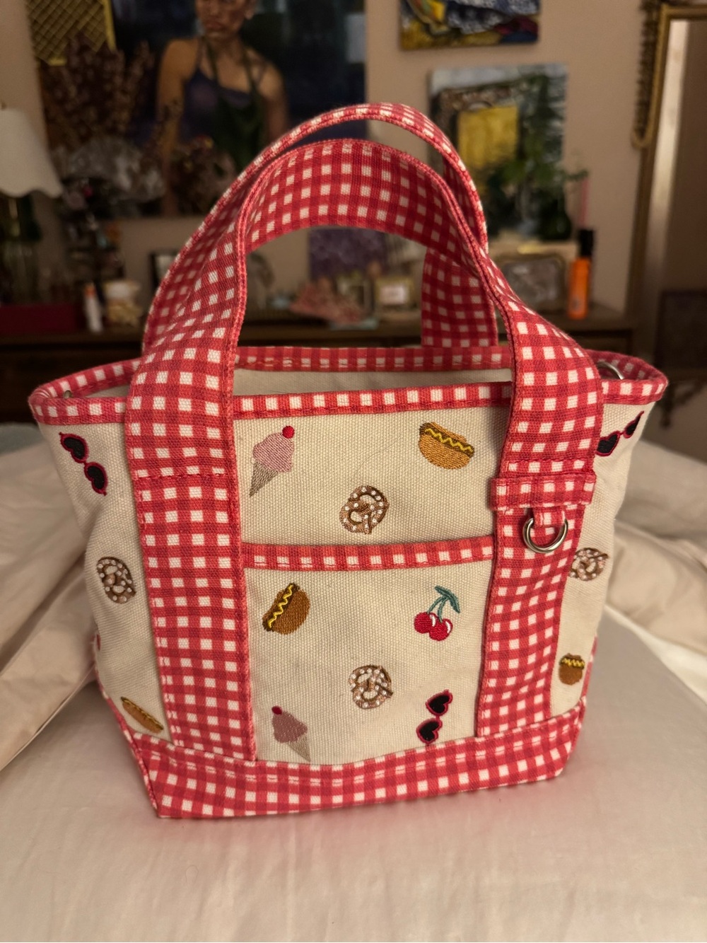 NYC Madden Girl Red Gingham Mini Tote with Dessert Embroidery